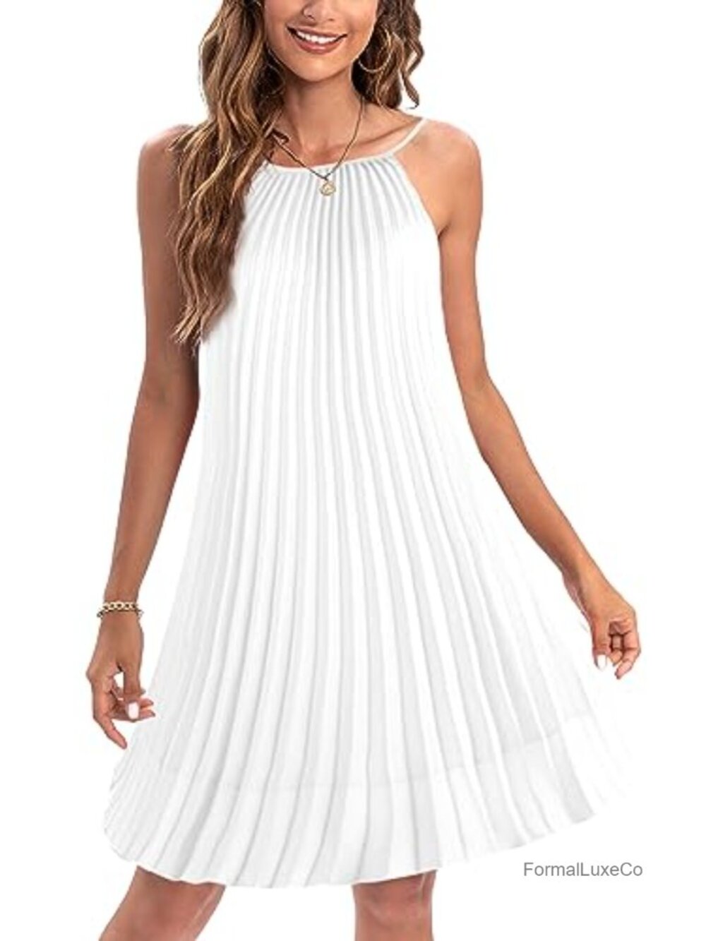 Pleated Halter Swing Dress with Belt Sleeveless Knee Length Chiffon Sundress